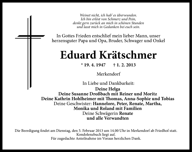  Traueranzeige für Eduard Krätschmer vom 02.02.2013 aus Altmühl-Bote Lokal