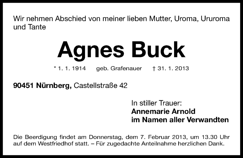  Traueranzeige für Agnes Buck vom 02.02.2013 aus Gesamtausgabe Nürnberger Nachrichten/ Nürnberger Ztg.