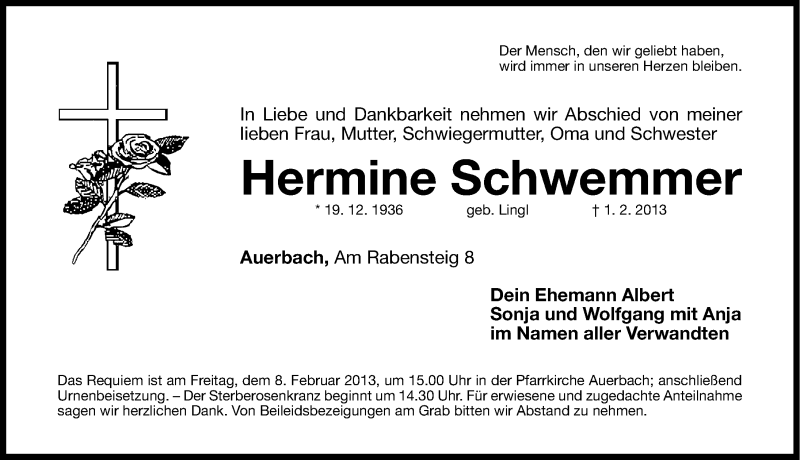  Traueranzeige für Hermine Schwemmer vom 04.02.2013 aus Nordbayerische Nachrichten Pegnitz Lokal