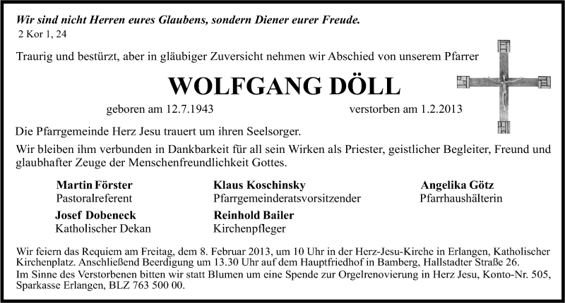  Traueranzeige für Wolfgang Döll vom 04.02.2013 aus Erlanger Nachrichten Lokal