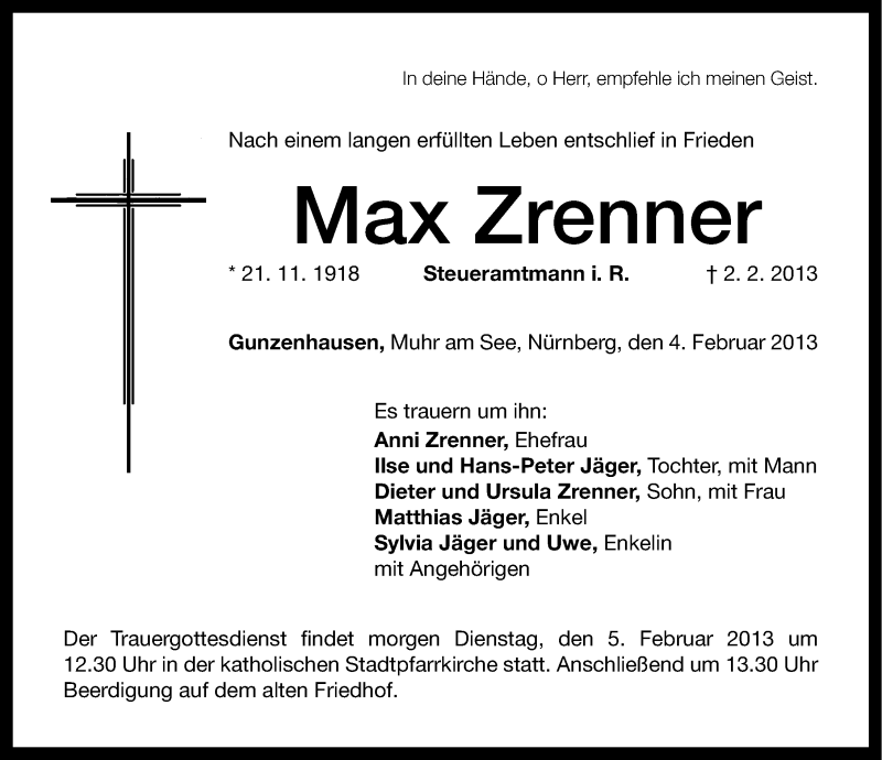  Traueranzeige für Max Zrenner vom 04.02.2013 aus Altmühl-Bote Lokal