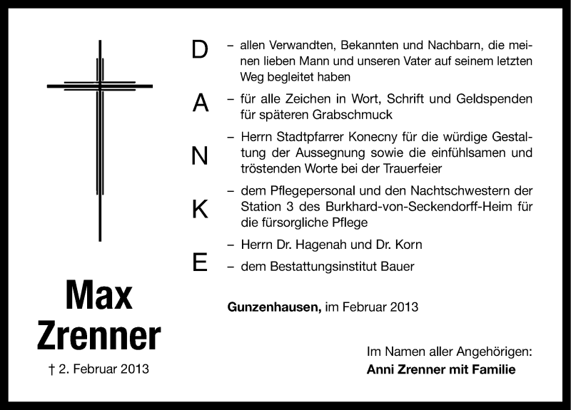  Traueranzeige für Max Zrenner vom 09.02.2013 aus Altmühl-Bote Lokal