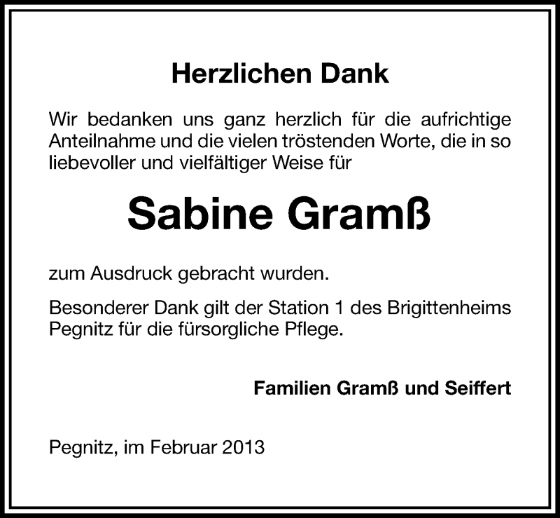  Traueranzeige für Sabine Gramß vom 05.02.2013 aus Nordbayerische Nachrichten Pegnitz Lokal