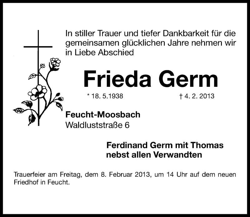  Traueranzeige für Frieda Germ vom 06.02.2013 aus Gesamtausgabe Nürnberger Nachrichten/ Nürnberger Ztg.
