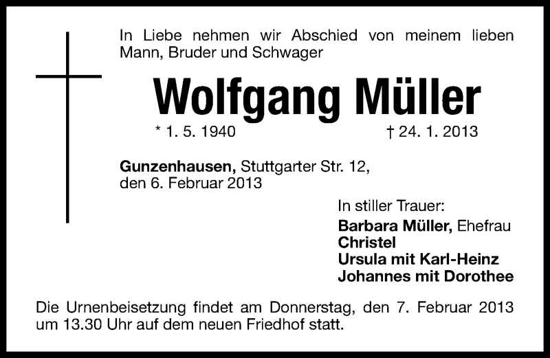  Traueranzeige für Wolfgang Müller vom 06.02.2013 aus Altmühl-Bote Lokal