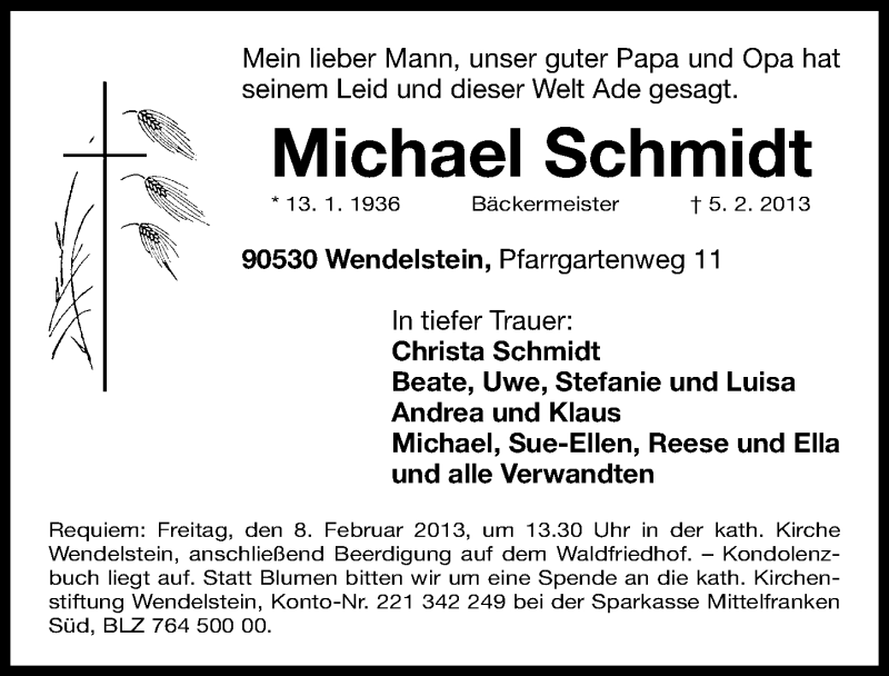  Traueranzeige für Michael Schmidt vom 06.02.2013 aus Gesamtausgabe Nürnberger Nachrichten/ Nürnberger Ztg.