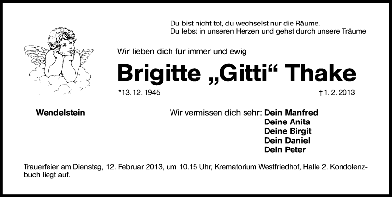 Traueranzeige für Brigitte Thake vom 07.02.2013 aus Neumarkter Nachrichten Lokal