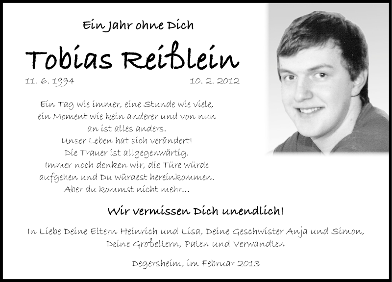  Traueranzeige für Tobias Reißlein vom 09.02.2013 aus Altmühl-Bote Lokal