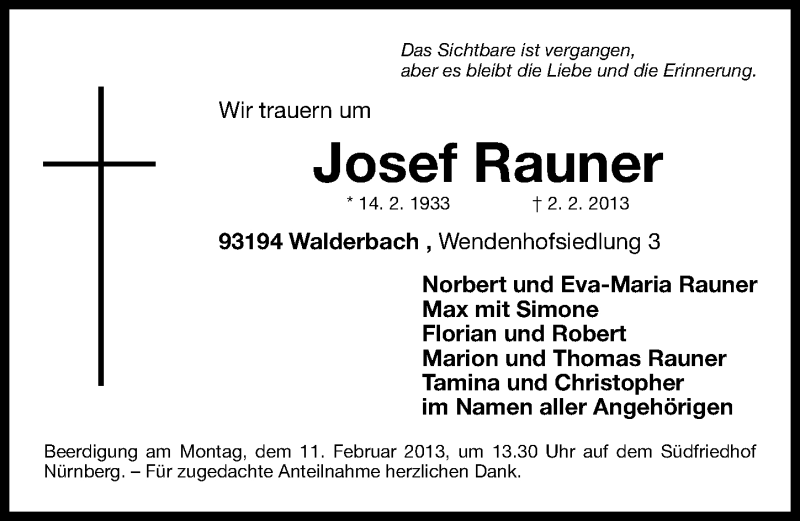  Traueranzeige für Josef Rauner vom 09.02.2013 aus Gesamtausgabe Nürnberger Nachrichten/ Nürnberger Ztg.