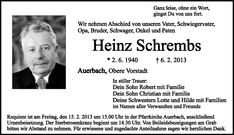  Traueranzeige für Heinz Schrembs vom 09.02.2013 aus Nordbayerische Nachrichten Pegnitz Lokal
