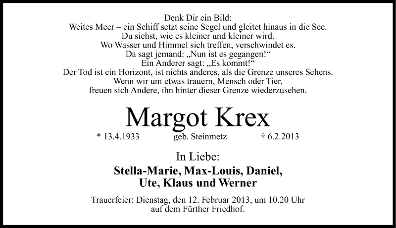  Traueranzeige für Margot Krex vom 09.02.2013 aus Fürther Nachrichten Lokal