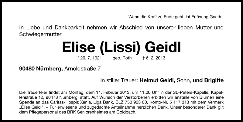 Traueranzeige für Elise Geidl vom 09.02.2013 aus Gesamtausgabe Nürnberger Nachrichten/ Nürnberger Ztg.