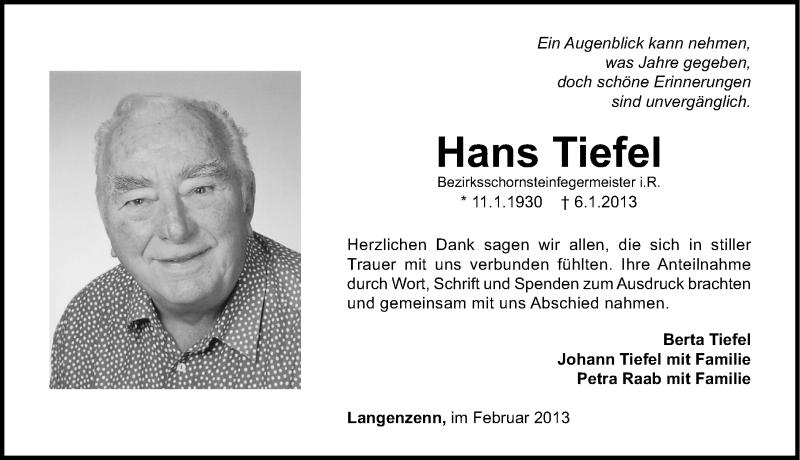  Traueranzeige für Hans Tiefel vom 09.02.2013 aus Fürther Nachrichten Lokal