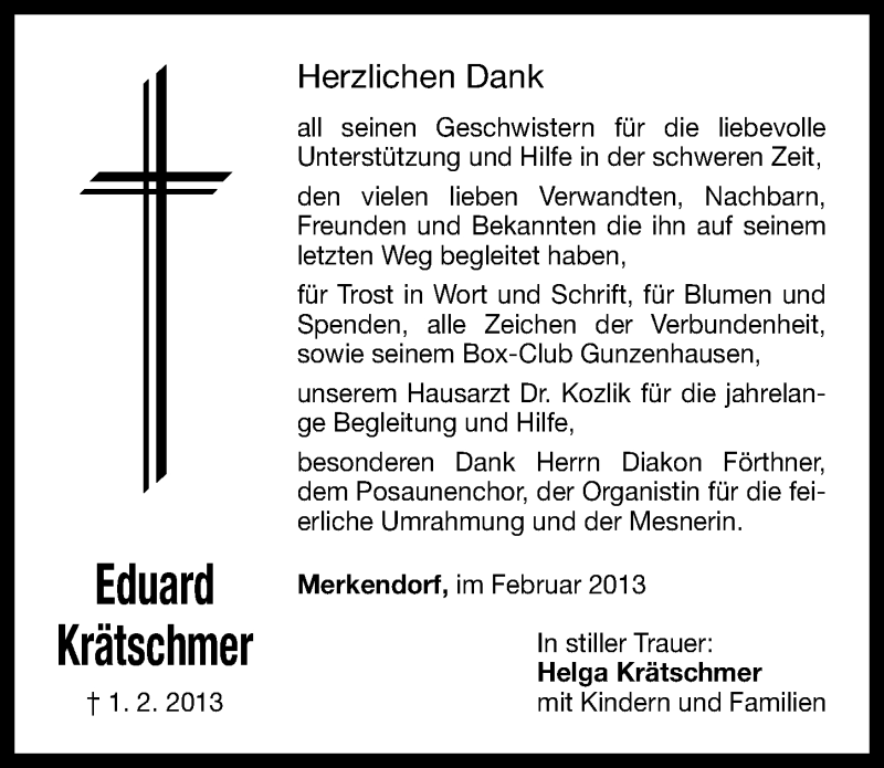  Traueranzeige für Eduard Krätschmer vom 09.02.2013 aus Altmühl-Bote Lokal