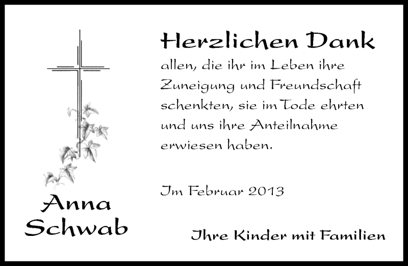  Traueranzeige für Anna Schwab vom 11.02.2013 aus Gesamtausgabe Nürnberger Nachrichten/ Nürnberger Ztg.