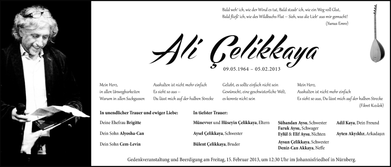  Traueranzeige für Ali Celikkaya vom 09.02.2013 aus Gesamtausgabe Nürnberger Nachrichten/ Nürnberger Ztg.