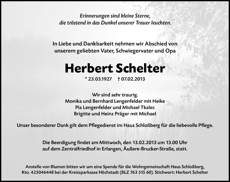  Traueranzeige für Herbert Schelter vom 09.02.2013 aus Erlanger Nachrichten Lokal