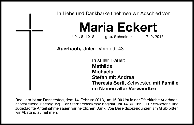 Traueranzeige für Maria Eckert vom 09.02.2013 aus Nordbayerische Nachrichten Pegnitz Lokal
