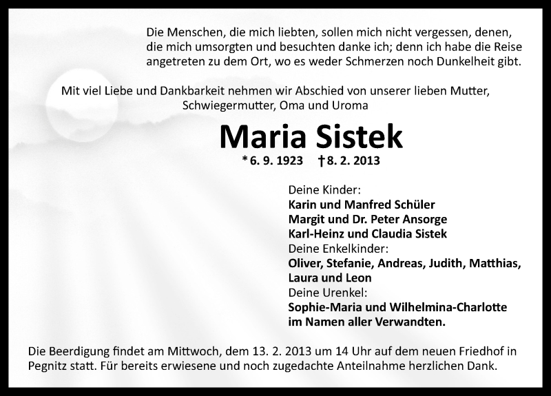  Traueranzeige für Maria Sistek vom 11.02.2013 aus Nordbayerische Nachrichten Pegnitz Lokal