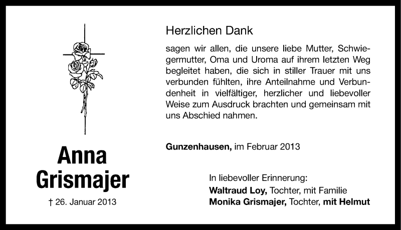  Traueranzeige für Anna Grismajer vom 11.02.2013 aus Altmühl-Bote Lokal
