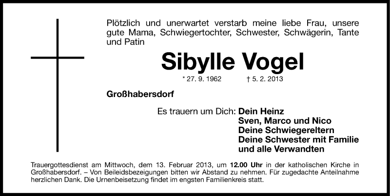  Traueranzeige für Sibylle Vogel vom 11.02.2013 aus Fürther Nachrichten Lokal