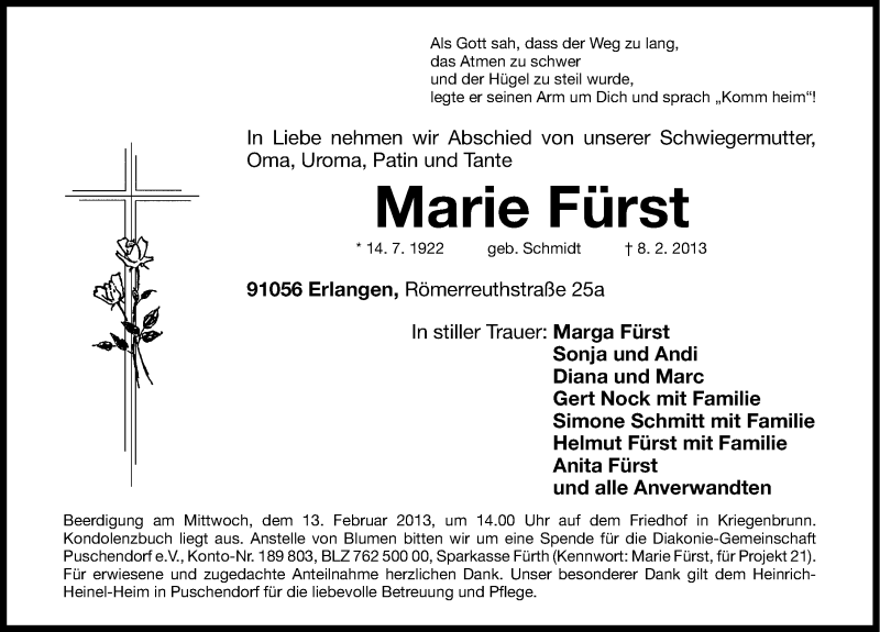  Traueranzeige für Marie Fürst vom 11.02.2013 aus Erlanger Nachrichten Lokal