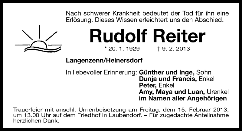  Traueranzeige für Rudolf Reiter vom 12.02.2013 aus Fürther Nachrichten Lokal