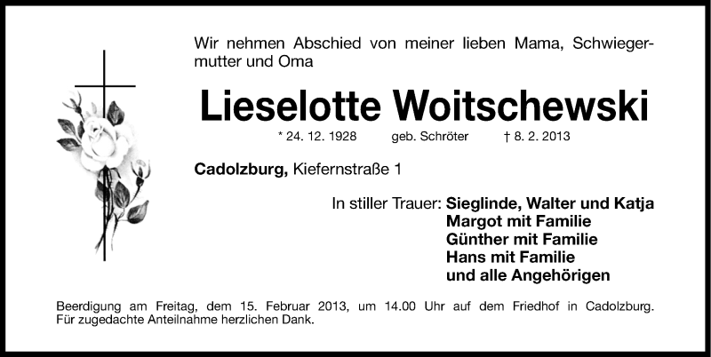  Traueranzeige für Lieselotte Woitschewski vom 11.02.2013 aus Fürther Nachrichten Lokal