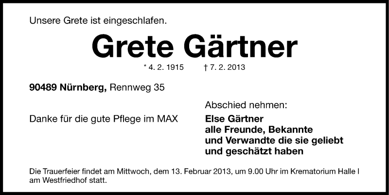  Traueranzeige für Grete Gärtner vom 11.02.2013 aus Gesamtausgabe Nürnberger Nachrichten/ Nürnberger Ztg.