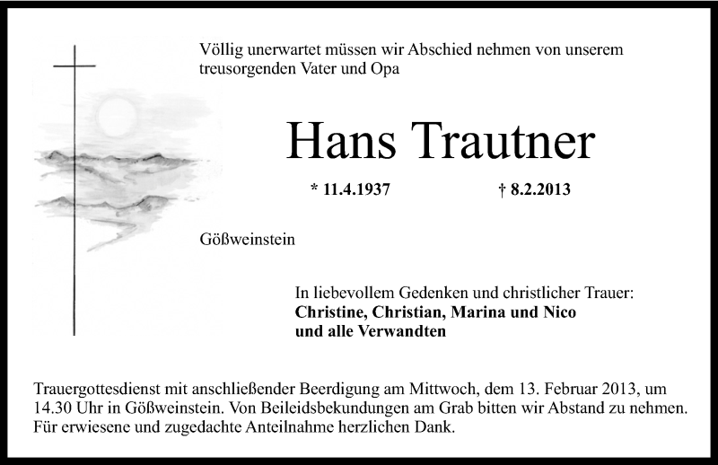  Traueranzeige für Hans Trautner vom 11.02.2013 aus Nordbayerische Nachrichten Forchheim Lokal