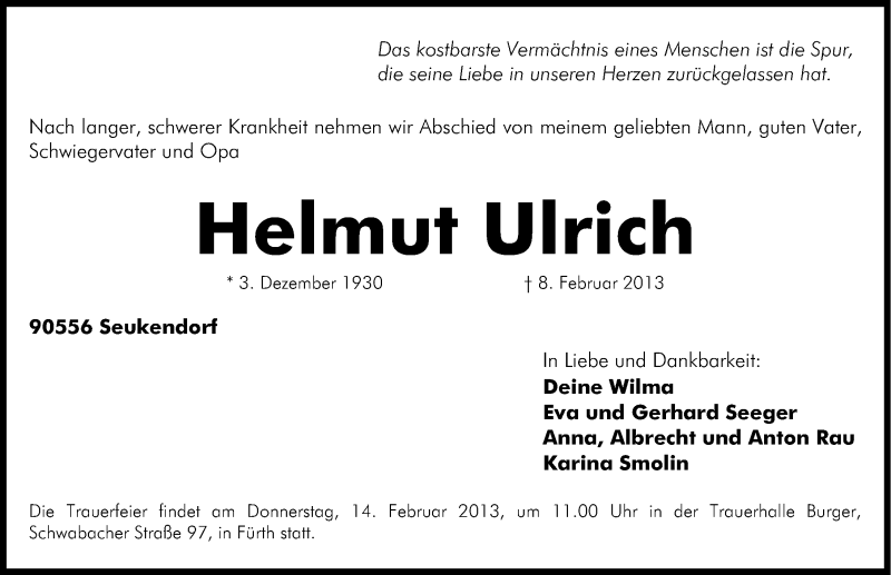  Traueranzeige für Helmut Ulrich vom 11.02.2013 aus Fürther Nachrichten Lokal