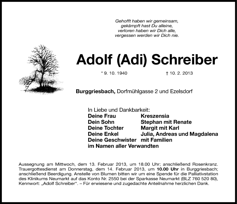  Traueranzeige für Adolf Schreiber vom 12.02.2013 aus Neumarkter Nachrichten Lokal