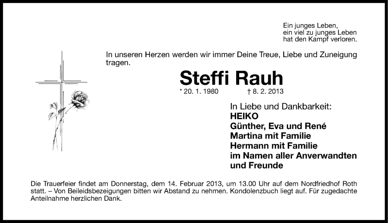  Traueranzeige für Stefanie Rauh vom 12.02.2013 aus Roth-Hilpoltsteiner Volkszeitung Lokal