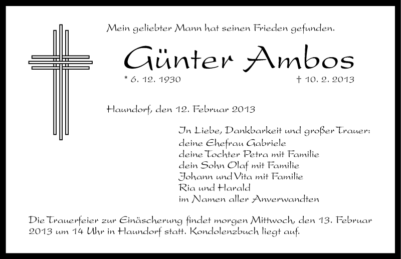  Traueranzeige für Günter Ambos vom 12.02.2013 aus Altmühl-Bote Lokal