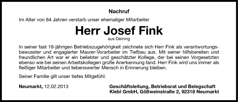  Traueranzeige für Josef Fink vom 12.02.2013 aus Neumarkter Nachrichten Lokal