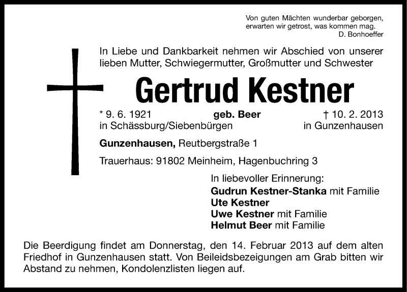  Traueranzeige für Gertrud Kestner vom 13.02.2013 aus Altmühl-Bote Lokal