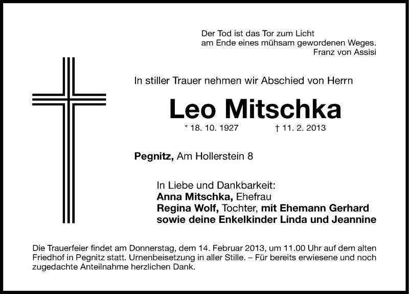 Traueranzeige für Leo Mitschka vom 13.02.2013 aus Nordbayerische Nachrichten Pegnitz Lokal