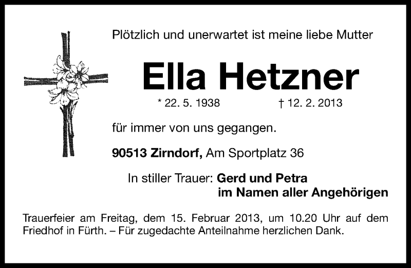  Traueranzeige für Ella Hetzner vom 14.02.2013 aus Fürther Nachrichten Lokal