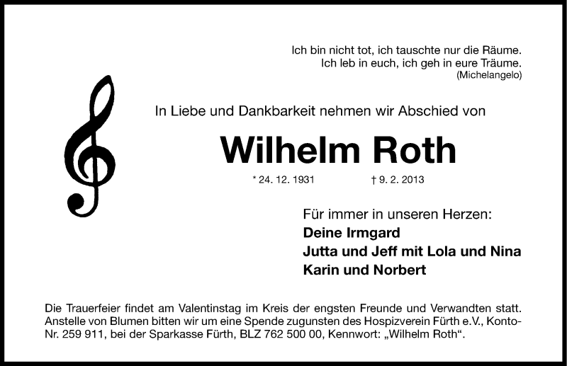  Traueranzeige für Wilhelm Roth vom 14.02.2013 aus Gesamtausgabe Nürnberger Nachrichten/ Nürnberger Ztg.