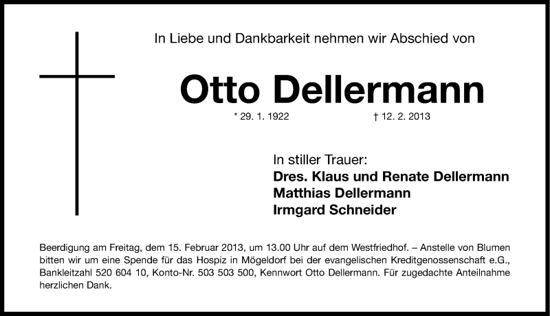  Traueranzeige für Otto Dellermann vom 14.02.2013 aus Gesamtausgabe Nürnberger Nachrichten/ Nürnberger Ztg.