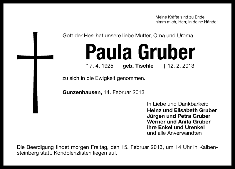 Traueranzeige für Paula Gruber vom 14.02.2013 aus Altmühl-Bote Lokal