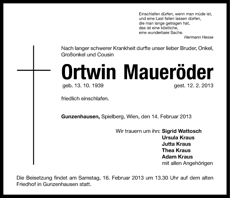  Traueranzeige für Ortwin Maueröder vom 14.02.2013 aus Altmühl-Bote Lokal