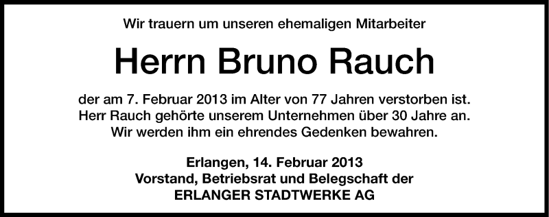  Traueranzeige für Bruno Rauch vom 14.02.2013 aus Erlanger Nachrichten Lokal