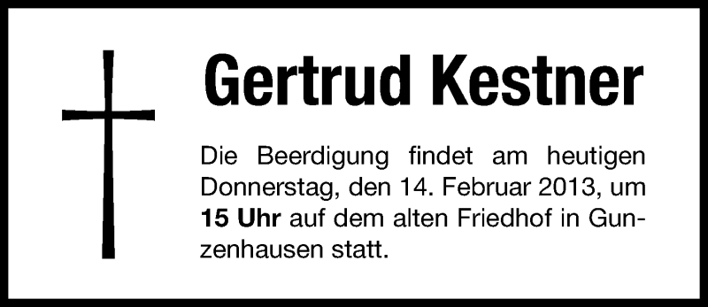  Traueranzeige für Gertrud Kestner vom 14.02.2013 aus Altmühl-Bote Lokal
