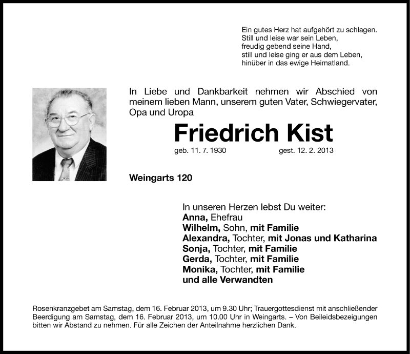  Traueranzeige für Friedrich Kist vom 14.02.2013 aus Nordbayerische Nachrichten Forchheim Lokal