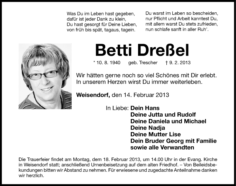  Traueranzeige für Betti Dreßel vom 14.02.2013 aus Erlanger Nachrichten Lokal