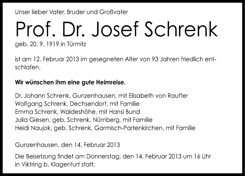  Traueranzeige für Josef Schrenk vom 14.02.2013 aus Altmühl-Bote Lokal