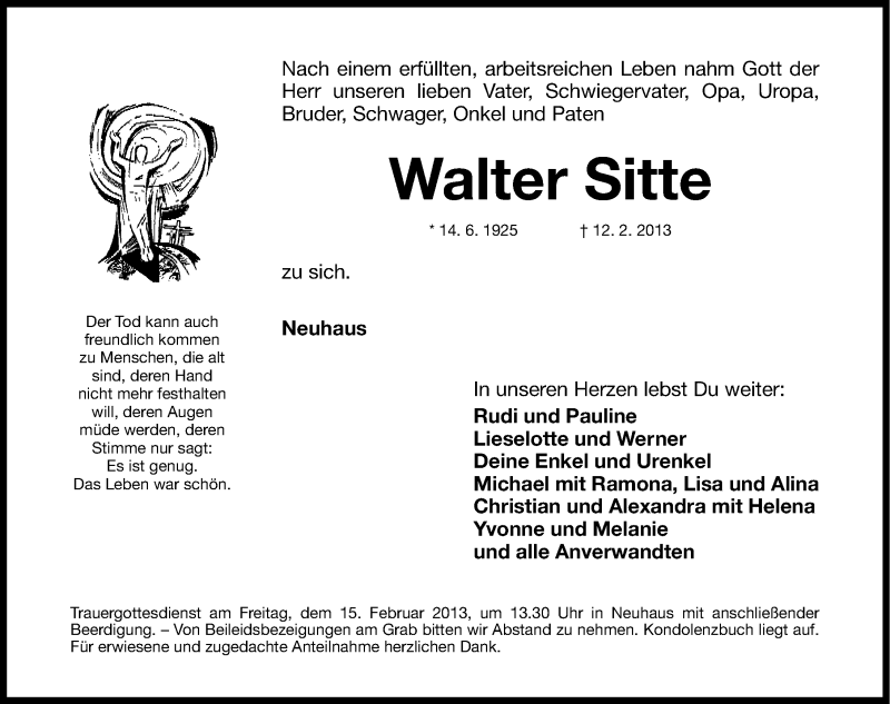  Traueranzeige für Walter Sitte vom 14.02.2013 aus Nordbayerische Nachrichten Herzogenaurach Lokal