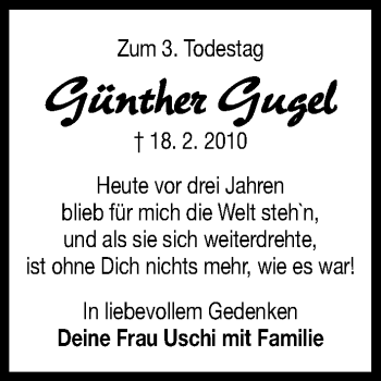 Traueranzeige von Günther Gugel von Gesamtausgabe Nürnberger Nachrichten/ Nürnberger Ztg.
