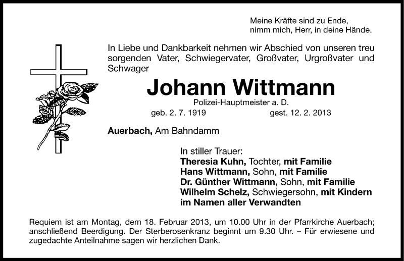  Traueranzeige für Johann Wittmann vom 15.02.2013 aus Nordbayerische Nachrichten Pegnitz Lokal